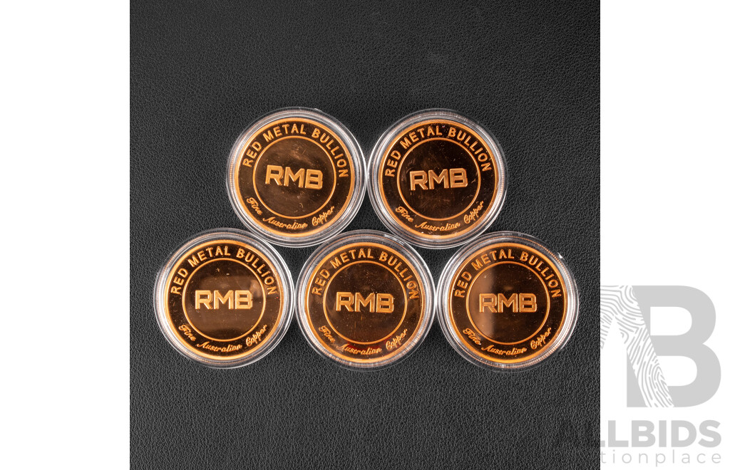 Five Australian Red Metal Bullion One Ounce Copper Coins, Red Poppy Remembrance, Lest We Forget