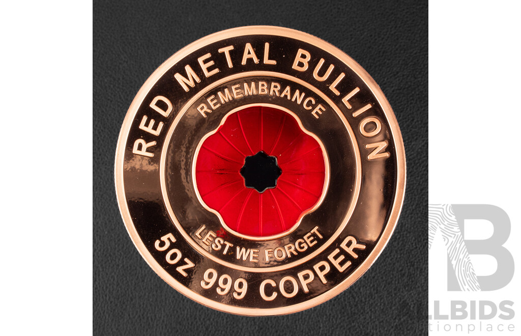 Australian Red Metal Bullion Five Ounce Copper Coin, Red Poppy Remembrance, Lest We Forget