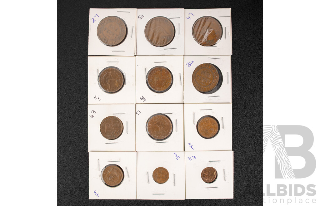 Four Australian Pennies 1927, 1934, 1947, 1951, Five Half Pennies 1943, 1948, 1949, 1951 Two One Cents 1975, 1983, Two Two Cents 1974, 1976