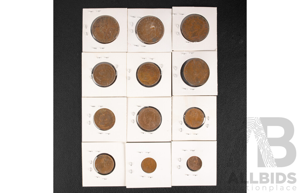 Four Australian Pennies 1927, 1934, 1947, 1951, Five Half Pennies 1943, 1948, 1949, 1951 Two One Cents 1975, 1983, Two Two Cents 1974, 1976
