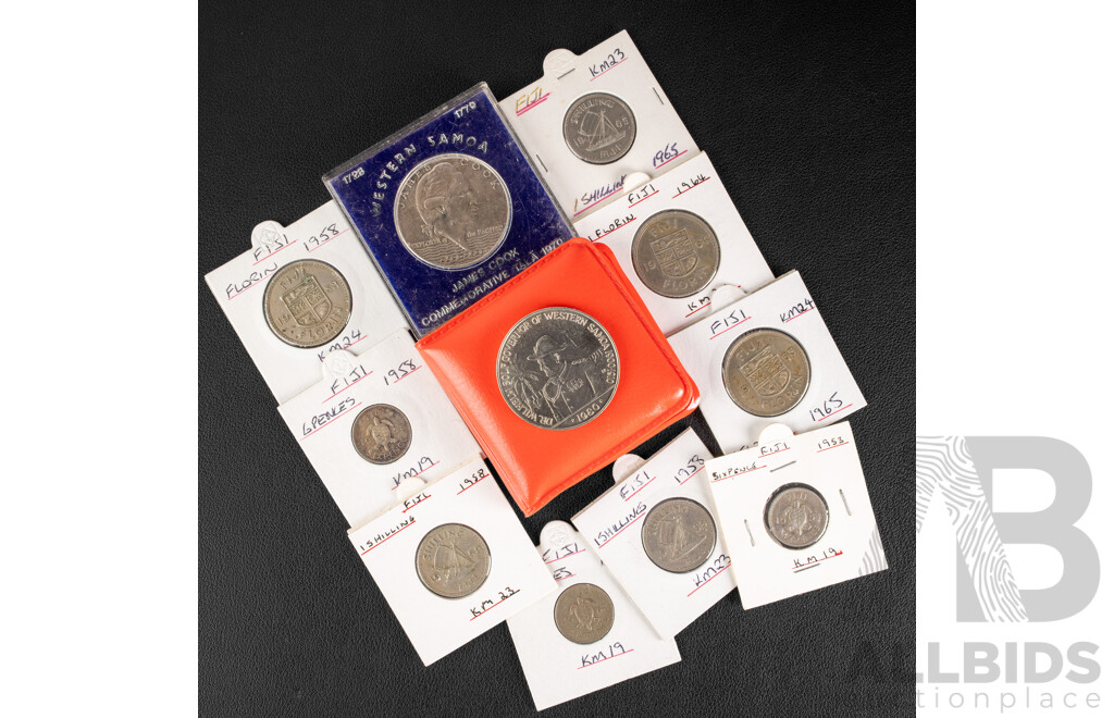 Collection of Fiji Florins, Shillings, Shillings and Sixpence with Two Western Samoa UNC One Dollars, 1970 Cook and 1980 Dr Wilheim