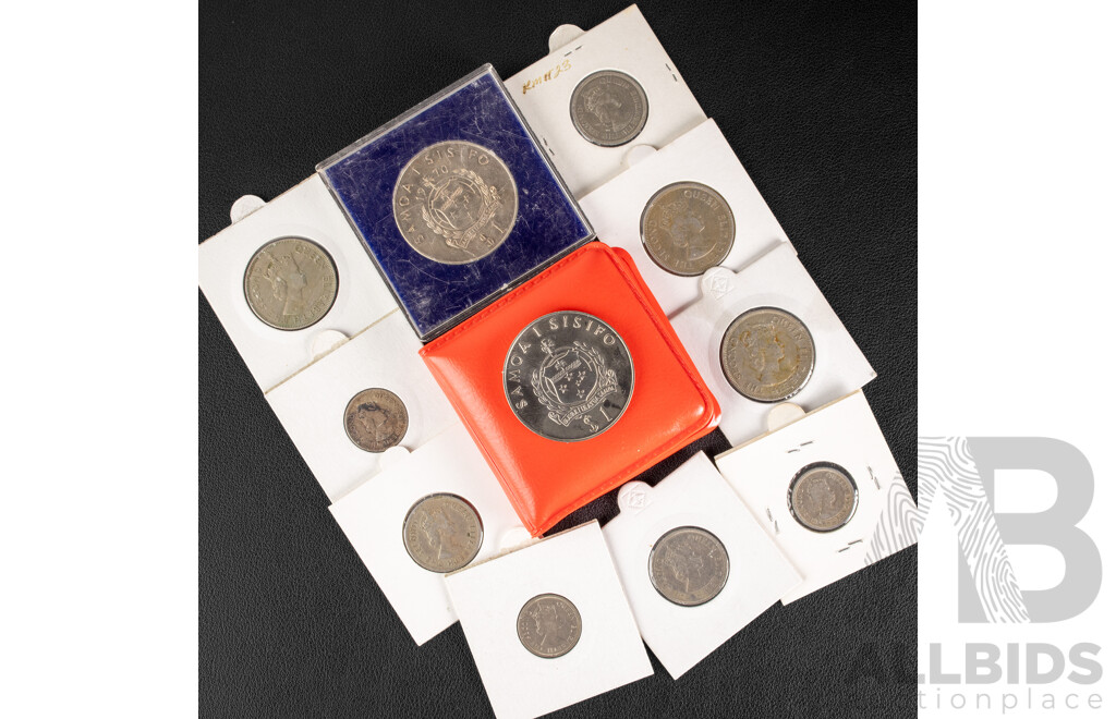 Collection of Fiji Florins, Shillings, Shillings and Sixpence with Two Western Samoa UNC One Dollars, 1970 Cook and 1980 Dr Wilheim