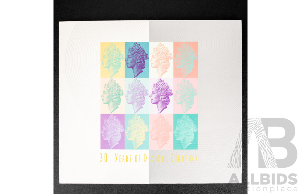 Australian 1996 Thirty Years of Decimal Currency Folder, Five Dollar Banknote and Stamp Strips