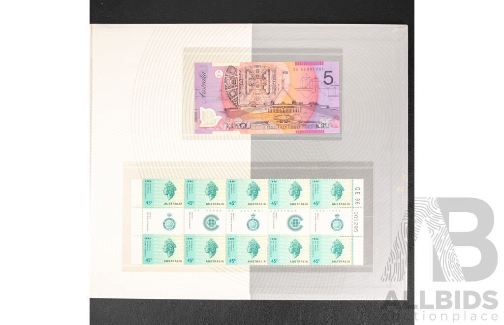 Australian 1996 Thirty Years of Decimal Currency Folder, Five Dollar Banknote and Stamp Strips