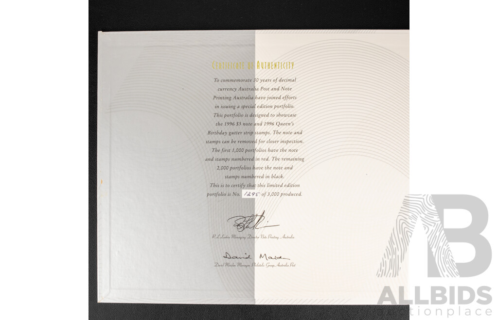 Australian 1996 Thirty Years of Decimal Currency Folder, Five Dollar Banknote and Stamp Strips