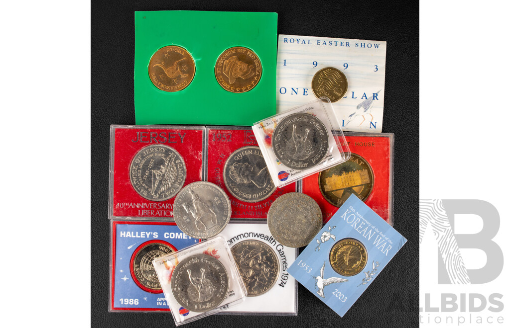 Australian Commemorative One Dollar Coins, 2003 Korea War and 1993 Landcare, Pair of Two Up Coins, United Kingdom, Falklands  Islands 1977 Jubilee Coins, Jersey 1985 Two Pound Coin.............