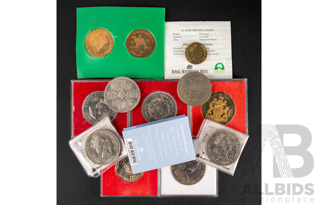 Australian Commemorative One Dollar Coins, 2003 Korea War and 1993 Landcare, Pair of Two Up Coins, United Kingdom, Falklands  Islands 1977 Jubilee Coins, Jersey 1985 Two Pound Coin.............