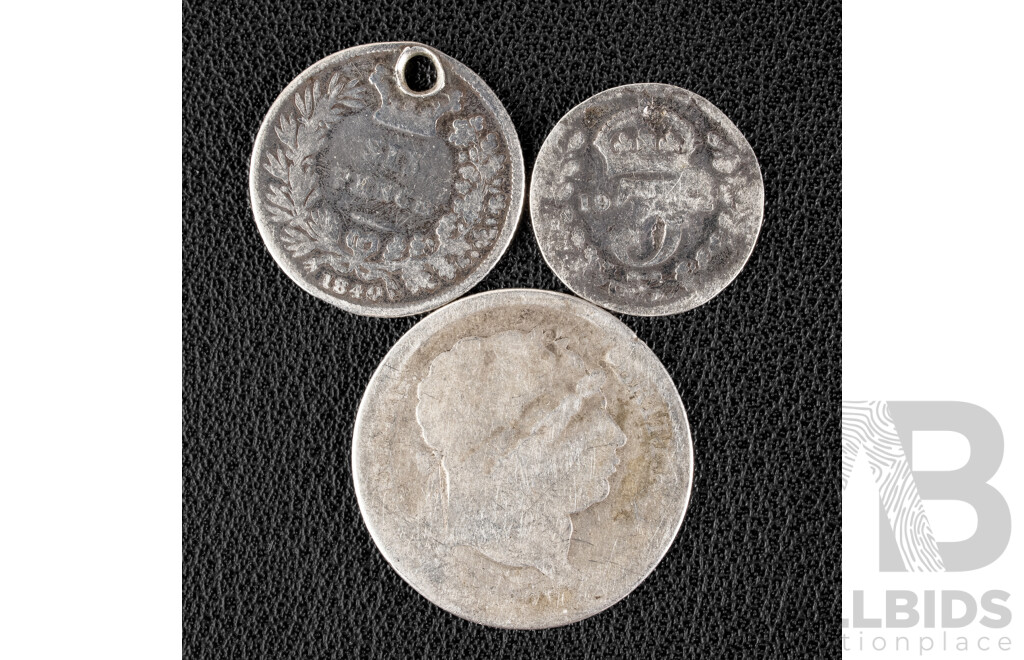 United Kingdom 1820 KGIII Silver Shilling with Merchant Stamp 'G.C McConnel' 1840 QV Silver Sixpence, 1902 KEVII Silver Threepence .925