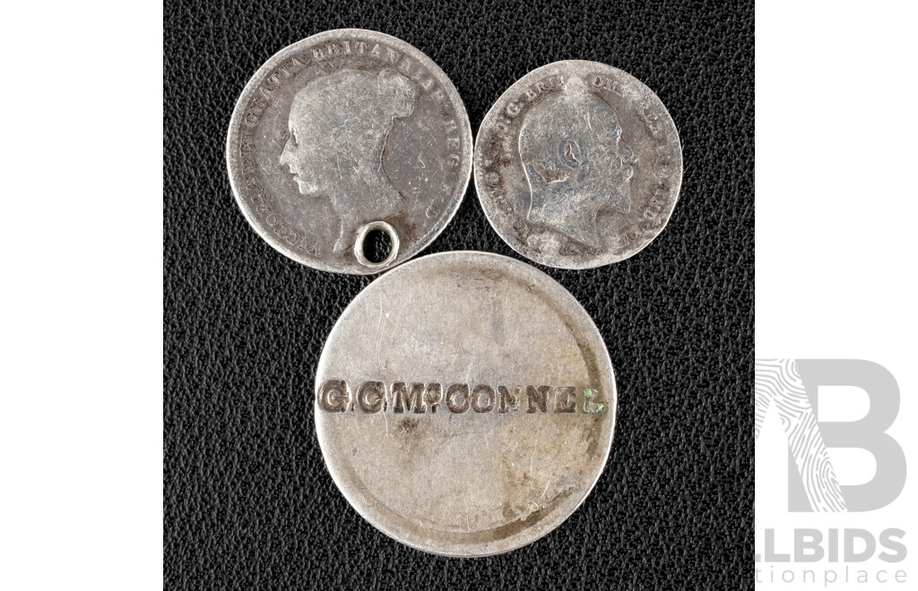 United Kingdom 1820 KGIII Silver Shilling with Merchant Stamp 'G.C McConnel' 1840 QV Silver Sixpence, 1902 KEVII Silver Threepence .925