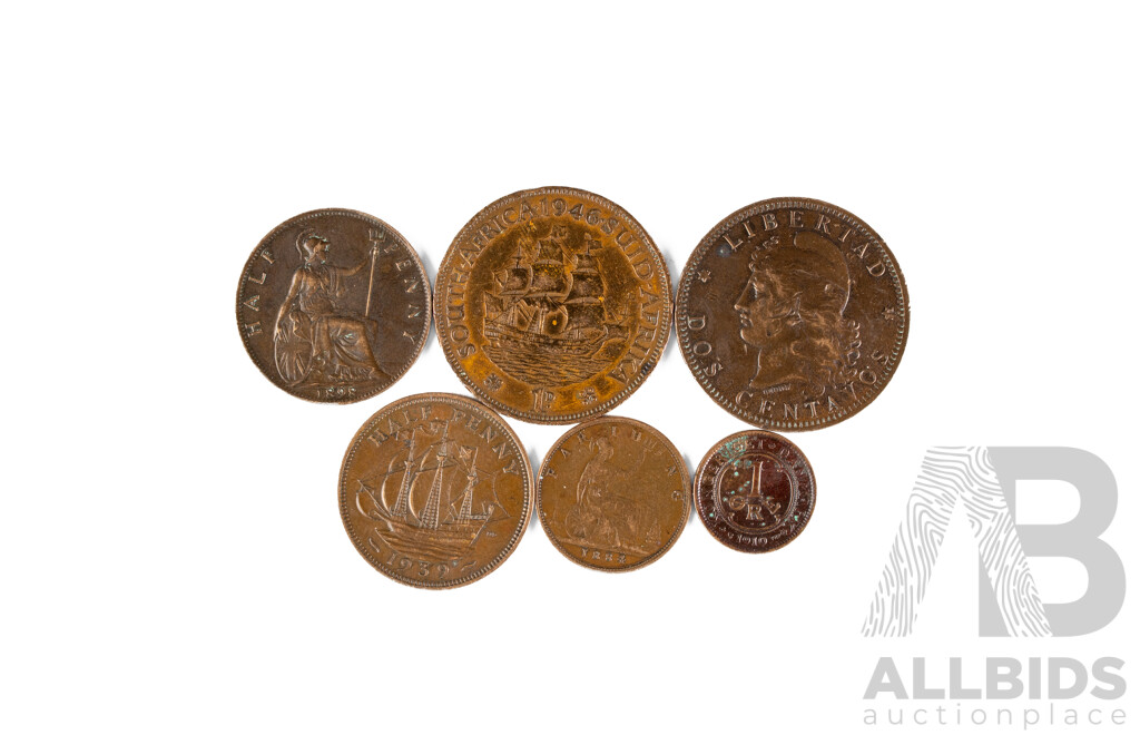 Collection of Vintage Coins Including United Kingdom 1898 QV Half Penny, 1884 QV Farthing 1939 Half Penny, 1910 One Ore, Argentina 1893two Cents, South Africa 1946 One Penny