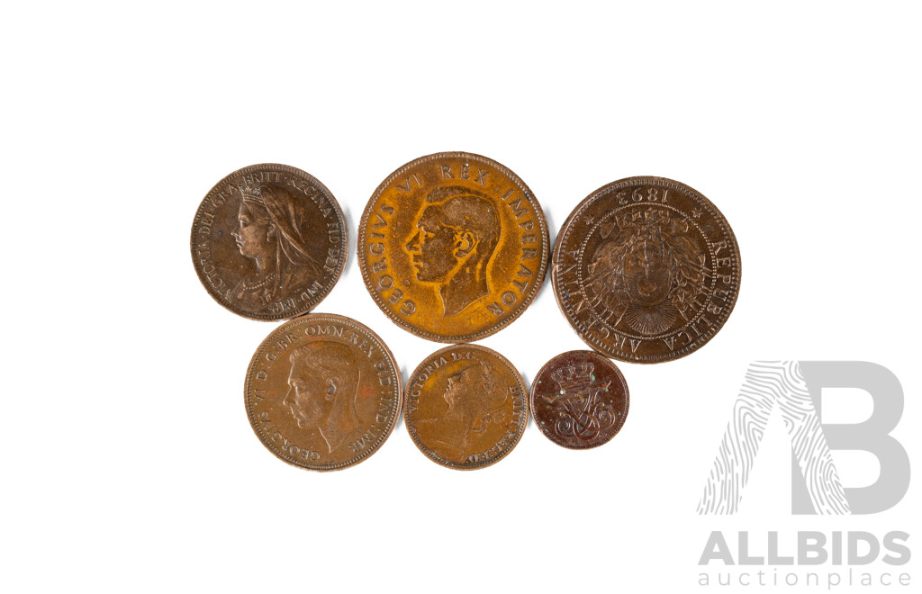 Collection of Vintage Coins Including United Kingdom 1898 QV Half Penny, 1884 QV Farthing 1939 Half Penny, 1910 One Ore, Argentina 1893two Cents, South Africa 1946 One Penny