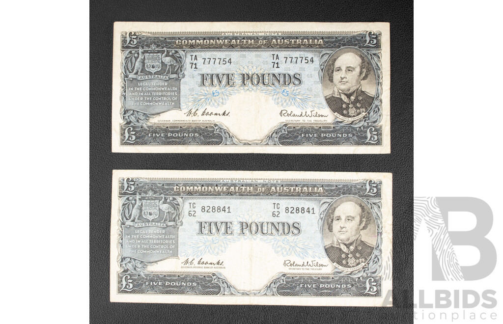 Two Australian Five Pound Notes, Coombs/Wilson 1954 R49 and 1960 R50