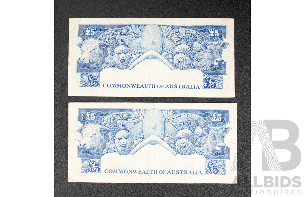 Two Australian Five Pound Notes, Coombs/Wilson 1954 R49 and 1960 R50