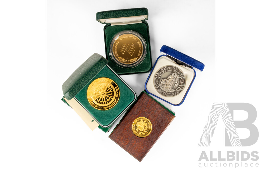 Four Australian Medallions Including Perth Mint Gold Plated Sydney Mint Museum and Gold Shop, RAM 1988 Celebration of a Nation, Commercial Bank of Tasmania, Australian Geographic Society Founding Member