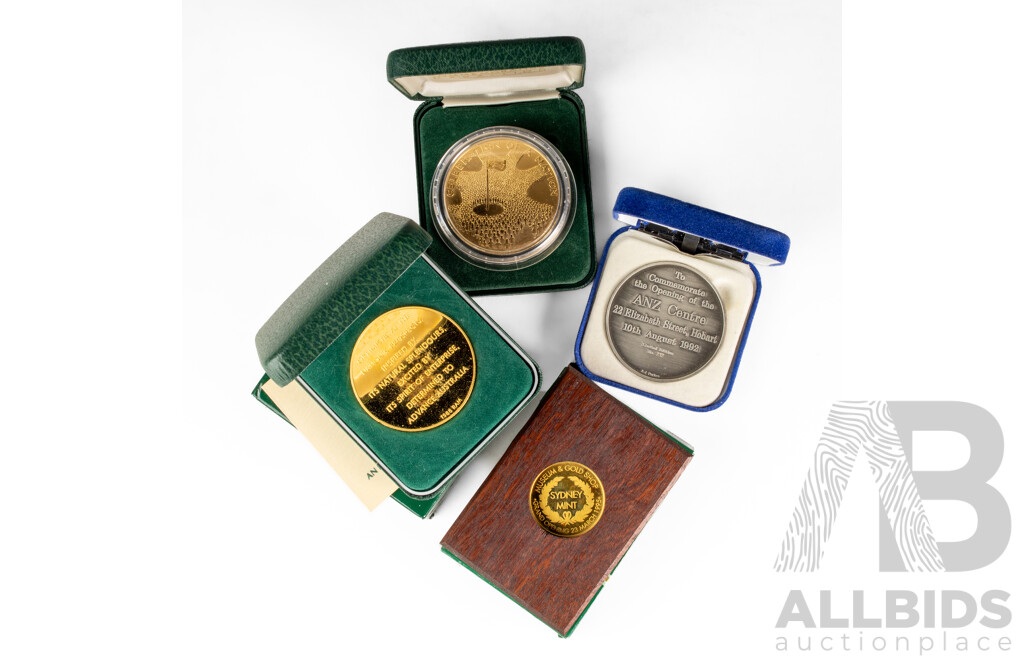 Four Australian Medallions Including Perth Mint Gold Plated Sydney Mint Museum and Gold Shop, RAM 1988 Celebration of a Nation, Commercial Bank of Tasmania, Australian Geographic Society Founding Member