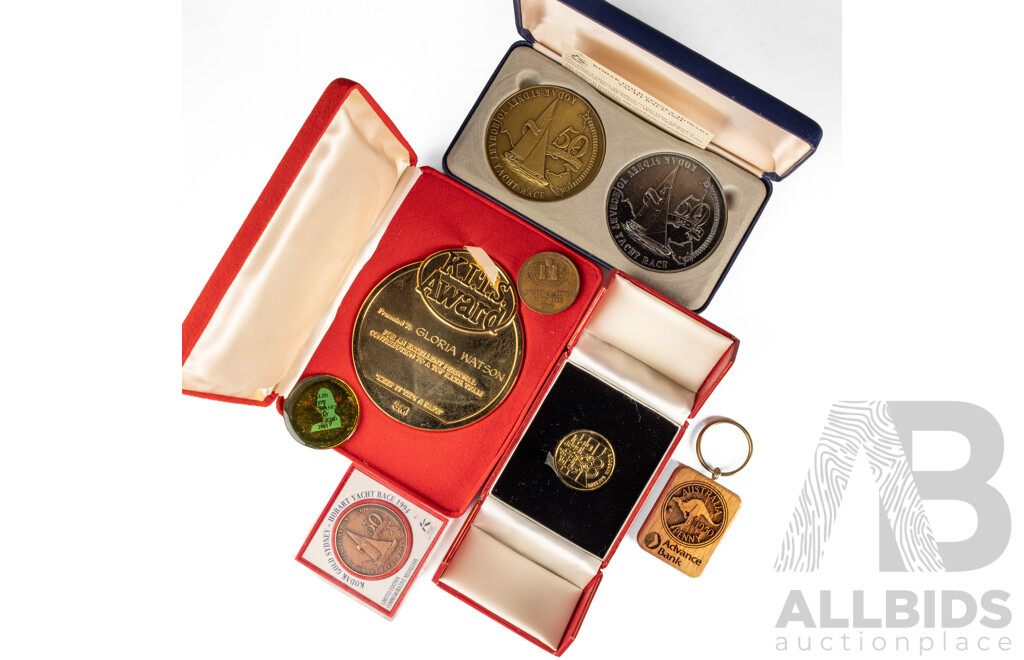 Kodak Gold 1994 Sydney-Hobart Yacht Race Medallion Set, 1988 First State Medallion, K.I.T.S Award, Paul Neumann Five Dollar Token, 1960 Trustee Savings Bank Week Medallion
