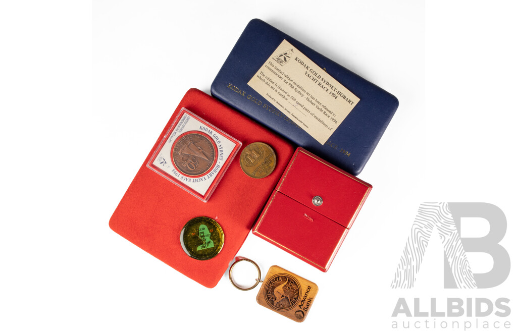 Kodak Gold 1994 Sydney-Hobart Yacht Race Medallion Set, 1988 First State Medallion, K.I.T.S Award, Paul Neumann Five Dollar Token, 1960 Trustee Savings Bank Week Medallion