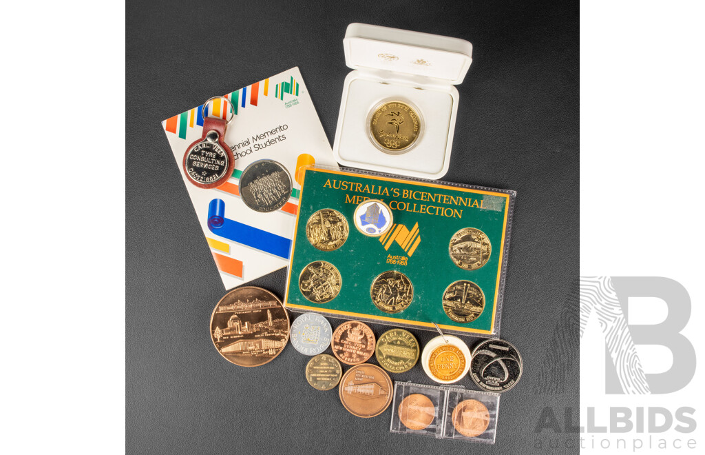 Collection of Australian Medallion and Coins Including RAM/Perth Mint Sydney Olympics, 1988 Bicentennial Set, Canberra Landmarks, Royal Australian Mint 2012/Coin Collector, 1963 Royal Bank, Newcastle Numismatic Society