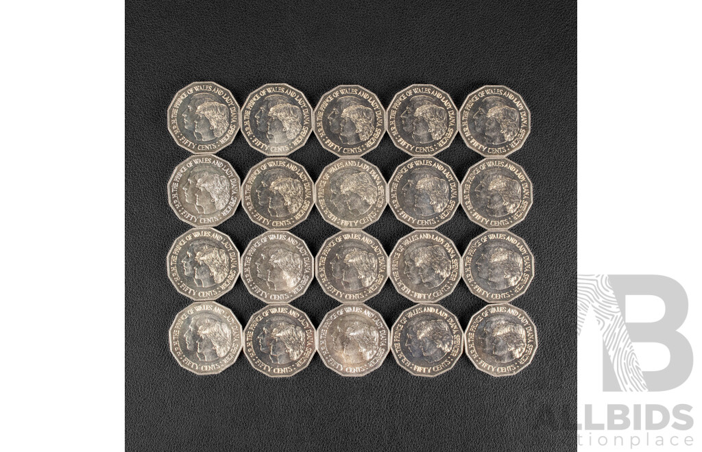 Twenty Australian 1981 UNC Fifty Cent Coins, Charles and Diana Wedding