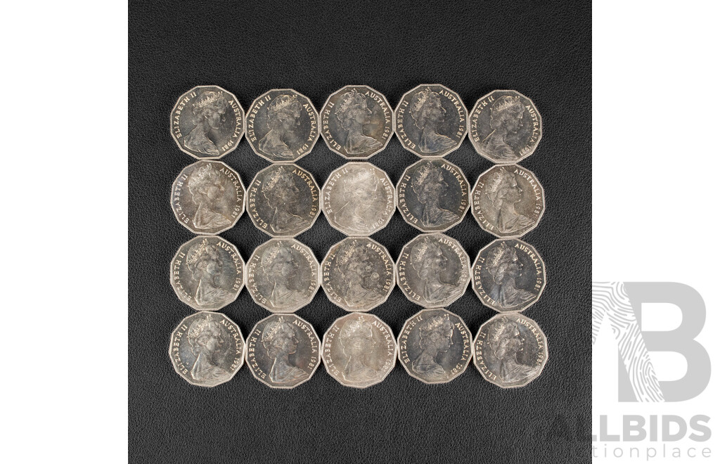 Twenty Australian 1981 UNC Fifty Cent Coins, Charles and Diana Wedding