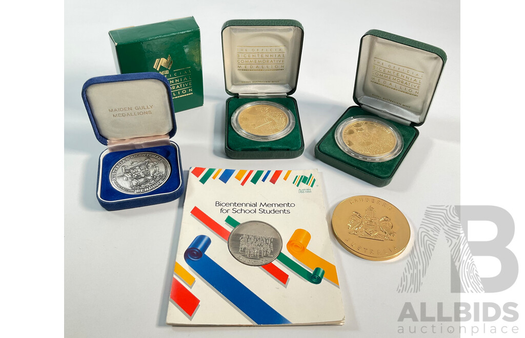 Two Australian RAM 1988 Bicentennial Medallions, Celebration of a Nation, 1988 Student Medallion, 1988 Bicentenary/Bendigo Medallion, Canberra Medallion