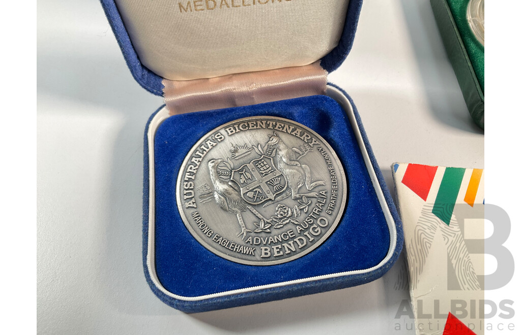 Two Australian RAM 1988 Bicentennial Medallions, Celebration of a Nation, 1988 Student Medallion, 1988 Bicentenary/Bendigo Medallion, Canberra Medallion