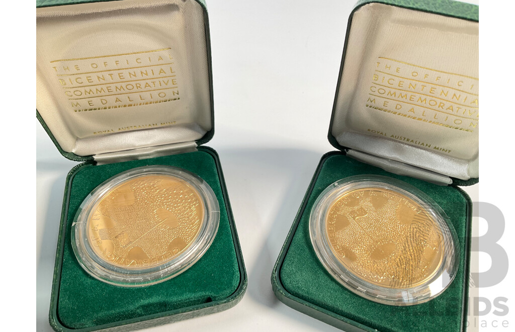 Two Australian RAM 1988 Bicentennial Medallions, Celebration of a Nation, 1988 Student Medallion, 1988 Bicentenary/Bendigo Medallion, Canberra Medallion