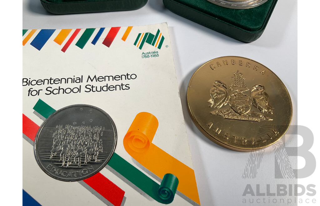 Two Australian RAM 1988 Bicentennial Medallions, Celebration of a Nation, 1988 Student Medallion, 1988 Bicentenary/Bendigo Medallion, Canberra Medallion