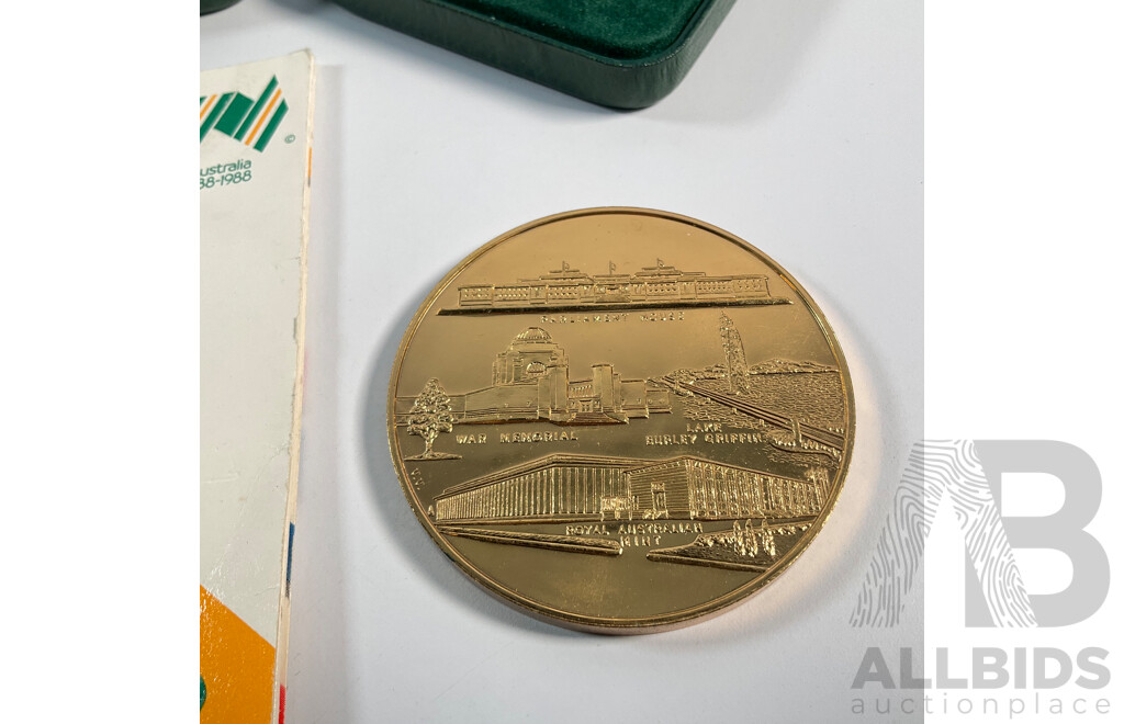 Two Australian RAM 1988 Bicentennial Medallions, Celebration of a Nation, 1988 Student Medallion, 1988 Bicentenary/Bendigo Medallion, Canberra Medallion