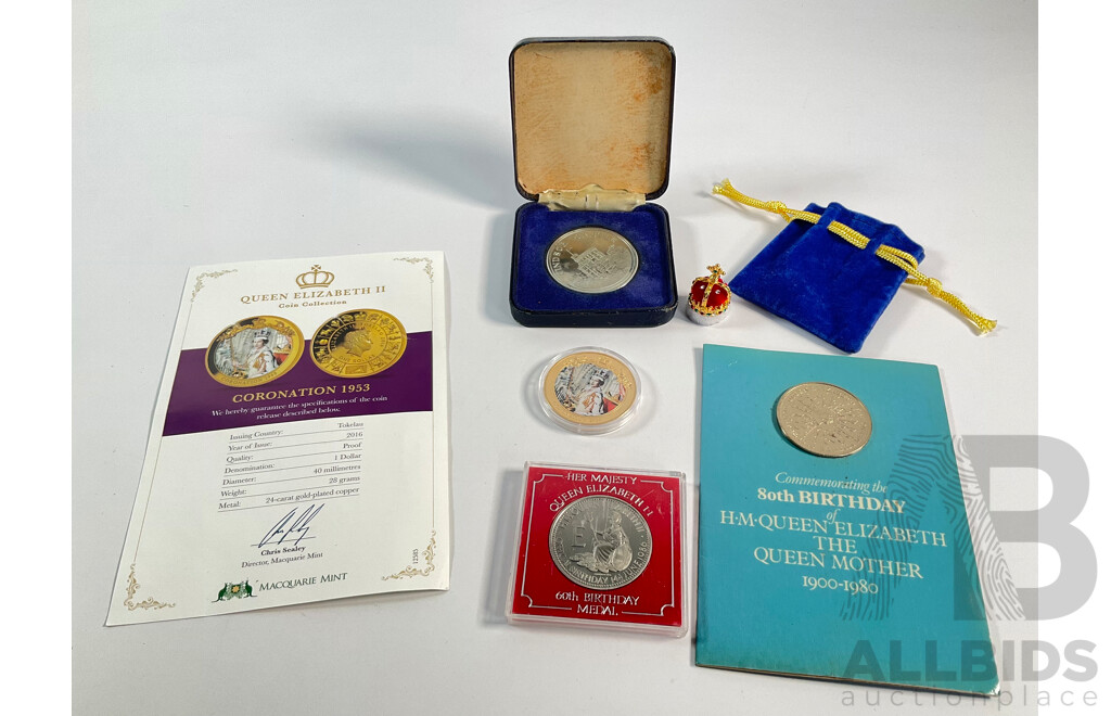 Tokelau Macquarie Mint Proof Gold Plated One Dollar, QE2 Coronation, UK Royal Mint 1980 Crown, Queen Mother 80th Birthday, 1979 Windsor Castle Coin, QE2 60th Birthday Medal, Mini Display Crown