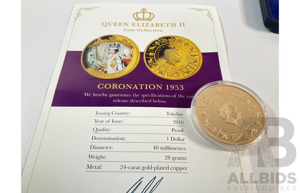 Tokelau Macquarie Mint Proof Gold Plated One Dollar, QE2 Coronation, UK Royal Mint 1980 Crown, Queen Mother 80th Birthday, 1979 Windsor Castle Coin, QE2 60th Birthday Medal, Mini Display Crown