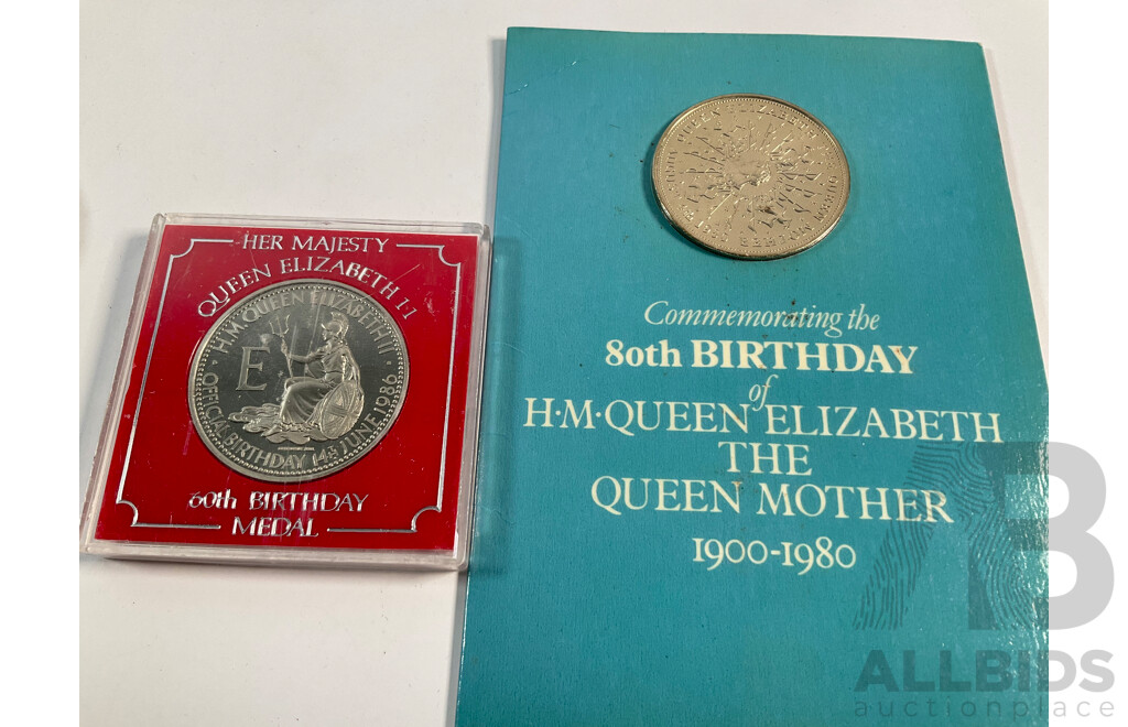 Tokelau Macquarie Mint Proof Gold Plated One Dollar, QE2 Coronation, UK Royal Mint 1980 Crown, Queen Mother 80th Birthday, 1979 Windsor Castle Coin, QE2 60th Birthday Medal, Mini Display Crown