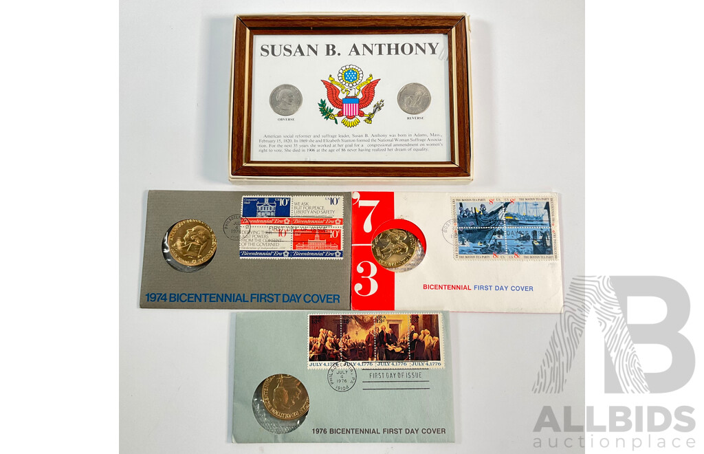 Three USA PNCs Including 1973, 1974, 1976 Bicentennial with Susan B Anthony Two Coin Display Frame