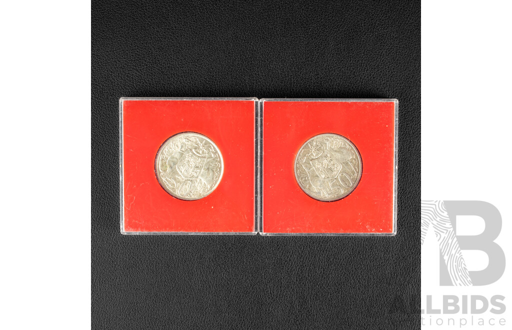 Two Australian 1966 Encased Round Silver Fifty Cent Coins .800