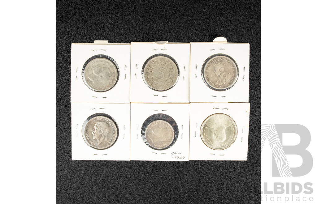 Six Silver Coins Including Australian 1927 and 1946 Florins, United Kingdom 1936 Florin, Germany 1967 Five Deutschmark, Switzerland 1967 Five Francs, Sweden 1940 One Krona