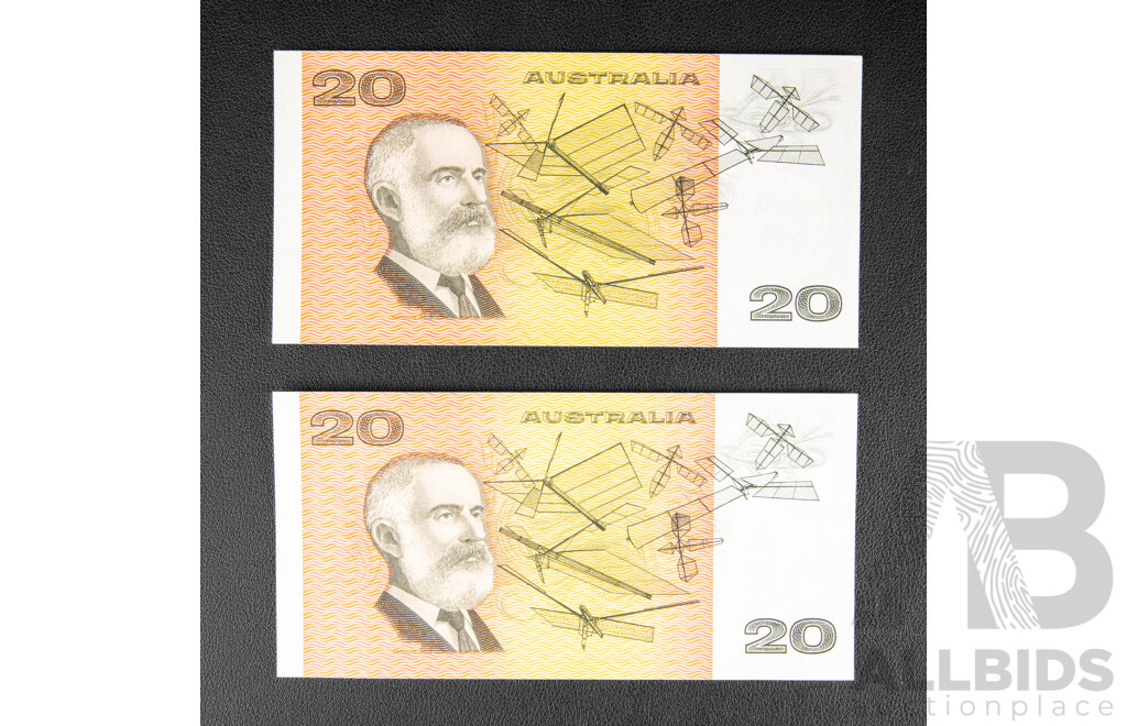Two Australian 1979 Twenty Dollar Notes, Knight/Stone R407a, Consecutive VCJ 087906 - VCJ 087907