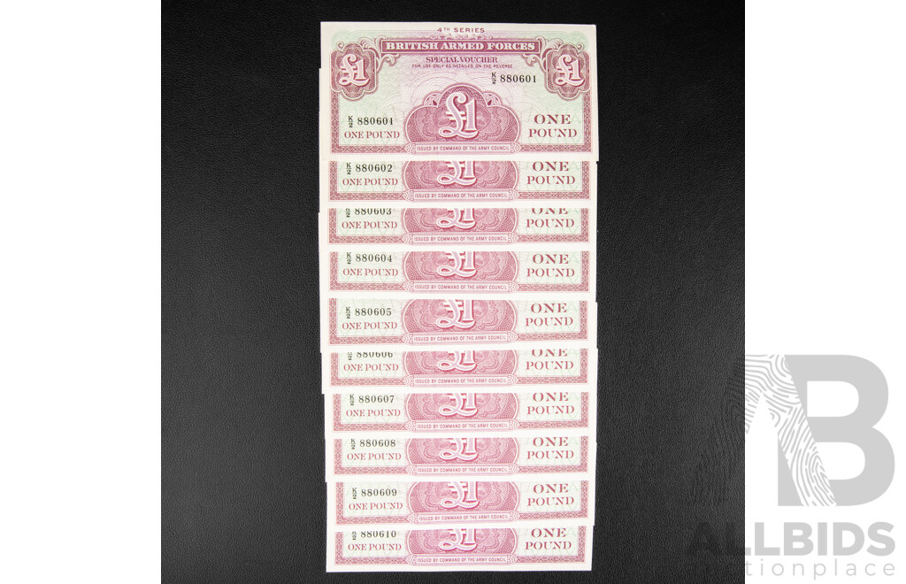 Ten British Armed Forces One Pound Banknotes, Consecutive K2 880601 - K2 880610