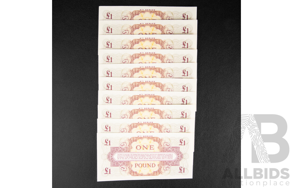 Ten British Armed Forces One Pound Banknotes, Consecutive K2 880601 - K2 880610
