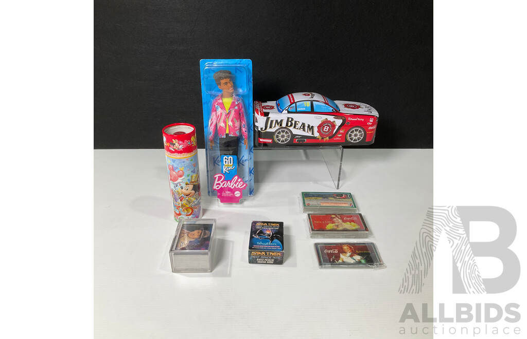 Collectables Including Barbie 60 Years of Ken Doll, Coca Cola Cards and 30 Years Tokyo Disney Bottle, Star Trek Skybox Collector Cards Jim Beam Touring Car Tin