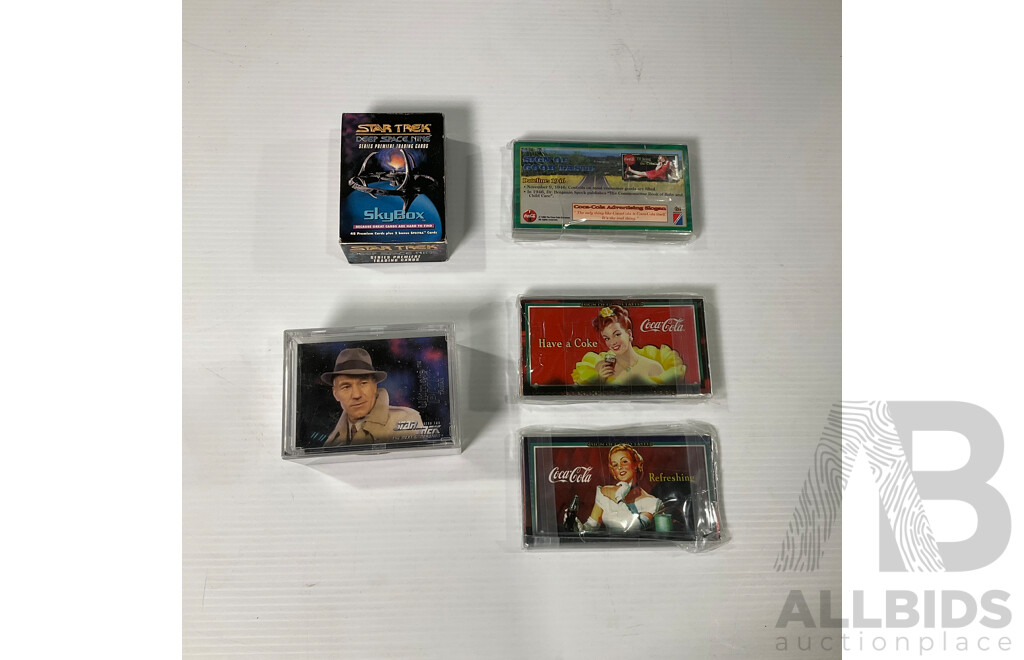 Collectables Including Barbie 60 Years of Ken Doll, Coca Cola Cards and 30 Years Tokyo Disney Bottle, Star Trek Skybox Collector Cards Jim Beam Touring Car Tin