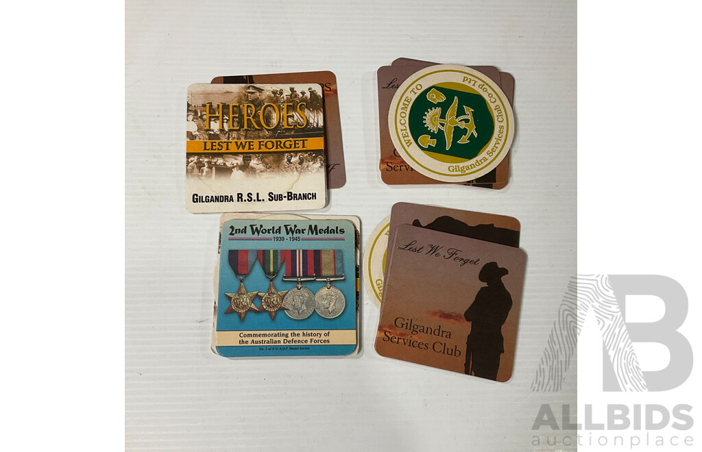 Antique Badges Including Australia Day 1916, 1917,  WW1, Pearl Harbour Pictorial Book and News Paper Reproduction with Vintage War Related Coasters