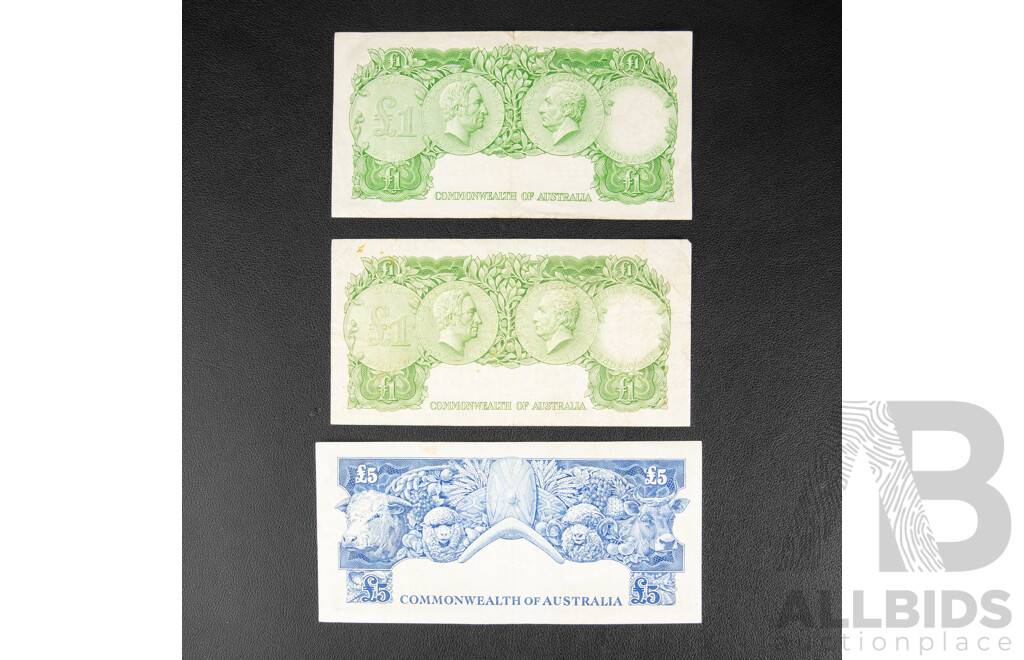 Three Australian Banknotes Including 1953 and 1961 One Pound Notes, R33, R34, Coombs/Wilson, 1960 Five Pound Note, Coombs/Wilson R50