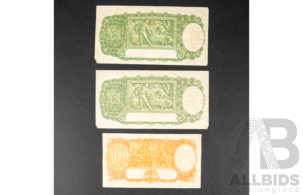 Three Australian Banknotes Including Two One Pound Notes, 1949 R31 Coombs/Watt and 1952 R32 Coombs/Wilson, 1949 Ten Shillings R14, Coombs/Watt
