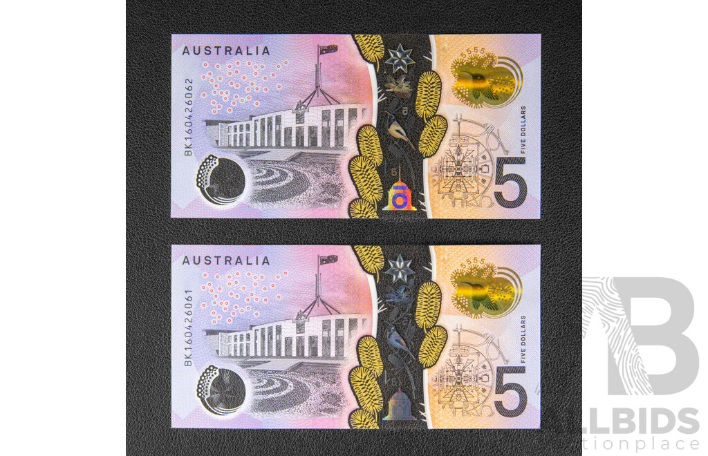 Two Australian Five Dollar Banknotes Stevens/Fraser Consecutive BK160426061 - BK160426062