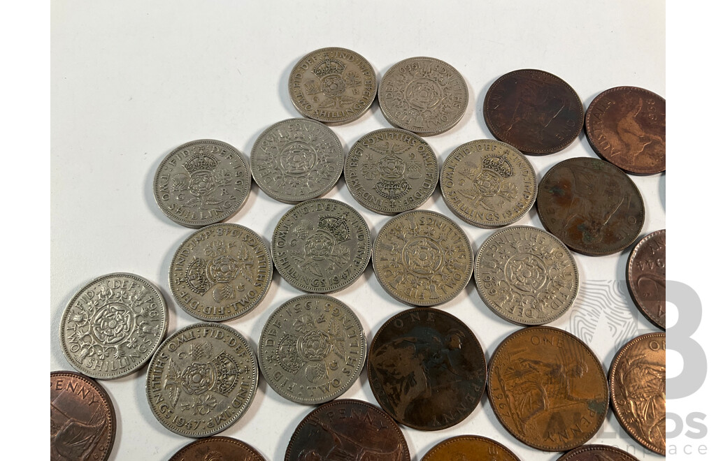 Collection of United Kingdom Coins Including Thirteen Two Shillings, Eighteen Pennies, 1949 Crown, Thirteen Australian Pennies