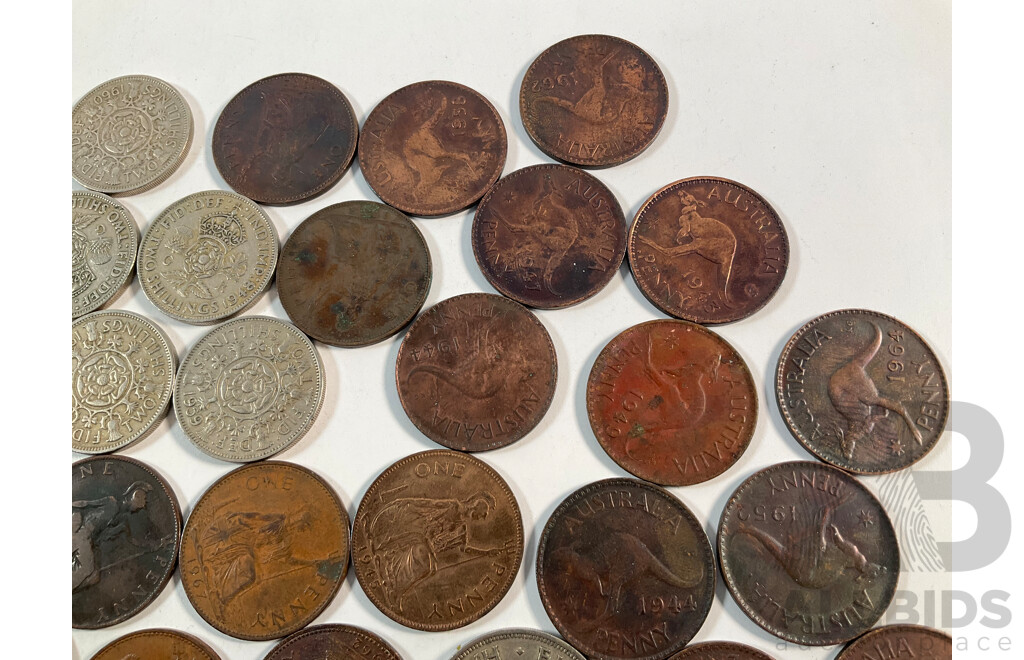 Collection of United Kingdom Coins Including Thirteen Two Shillings, Eighteen Pennies, 1949 Crown, Thirteen Australian Pennies