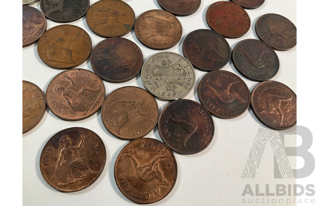 Collection of United Kingdom Coins Including Thirteen Two Shillings, Eighteen Pennies, 1949 Crown, Thirteen Australian Pennies
