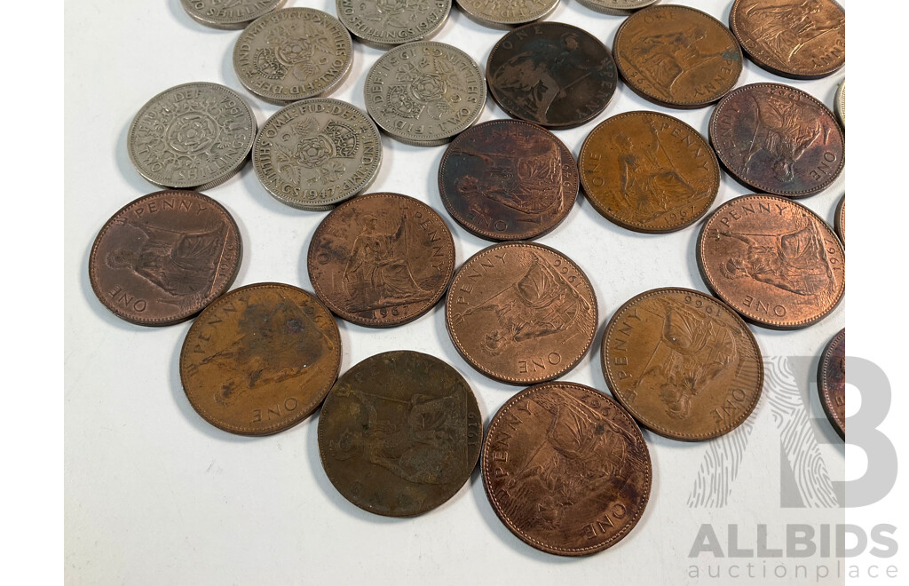 Collection of United Kingdom Coins Including Thirteen Two Shillings, Eighteen Pennies, 1949 Crown, Thirteen Australian Pennies