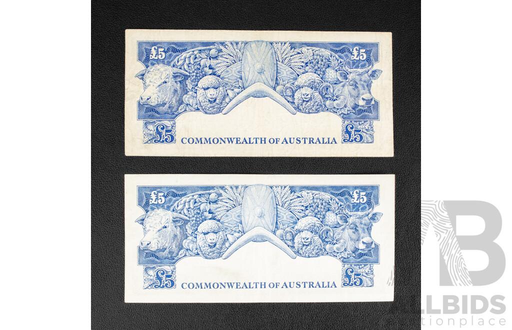 Two Australian Five Pound Notes, 1954 Coombs/Wilson R49, 1960 Coombs/Wilson R50