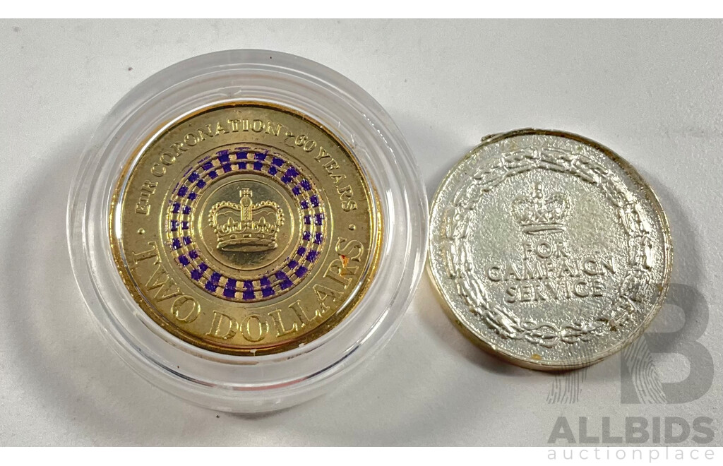 Australian 2013 Two Dollar Coin, 60th Anniversary QE2 Coronation and Campaign Service Medallion